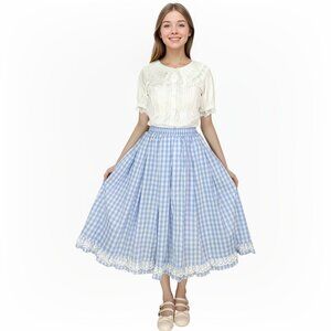 Sweet Gingham Lace Midi Skirt Lolita Style Pleated A-line Vintage Plaid Skirt